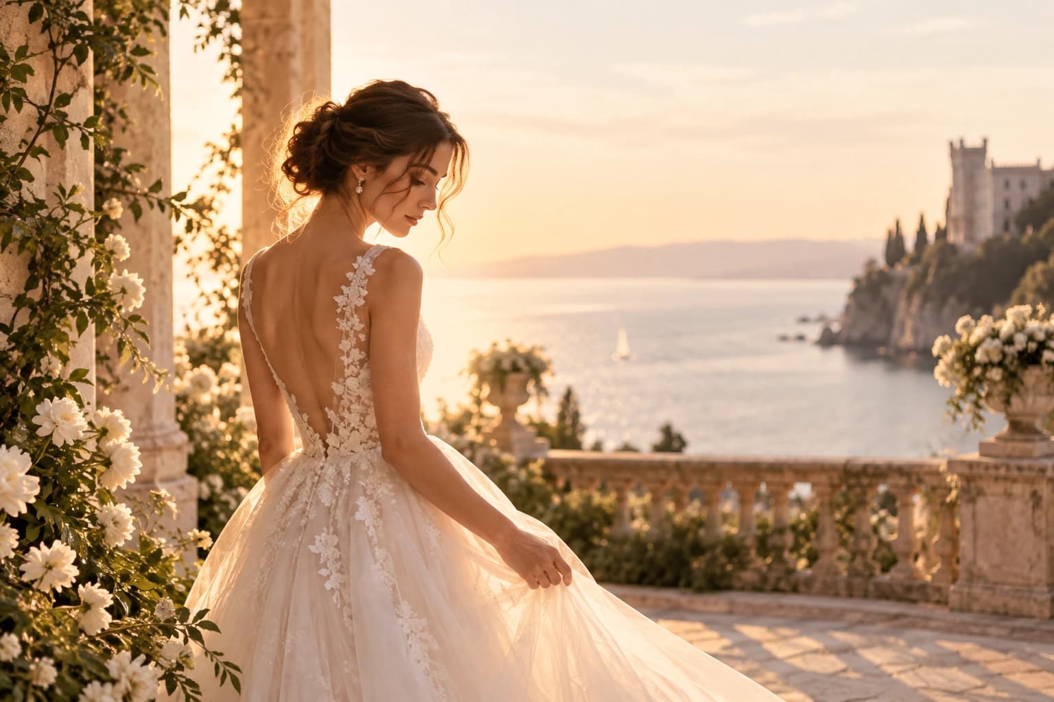 A bride in a lace gown with an elegant updo, looking out over the sea at sunset near Trieste